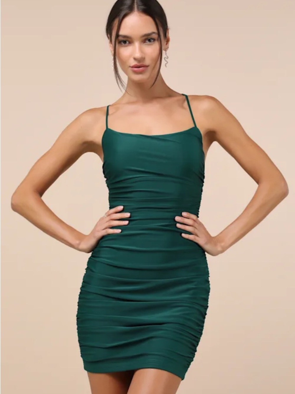 Lulus Confident Allure Emerald Ruched Lace-Up Bodycon Mini Dress